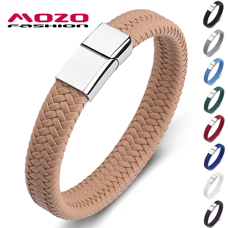 

MOZO FASHION NEW Punk Men Jewelry Apricot Braided Leather Bracelet Stainless Steel Magnetic Clasp HOT Sale Women Bangles 161