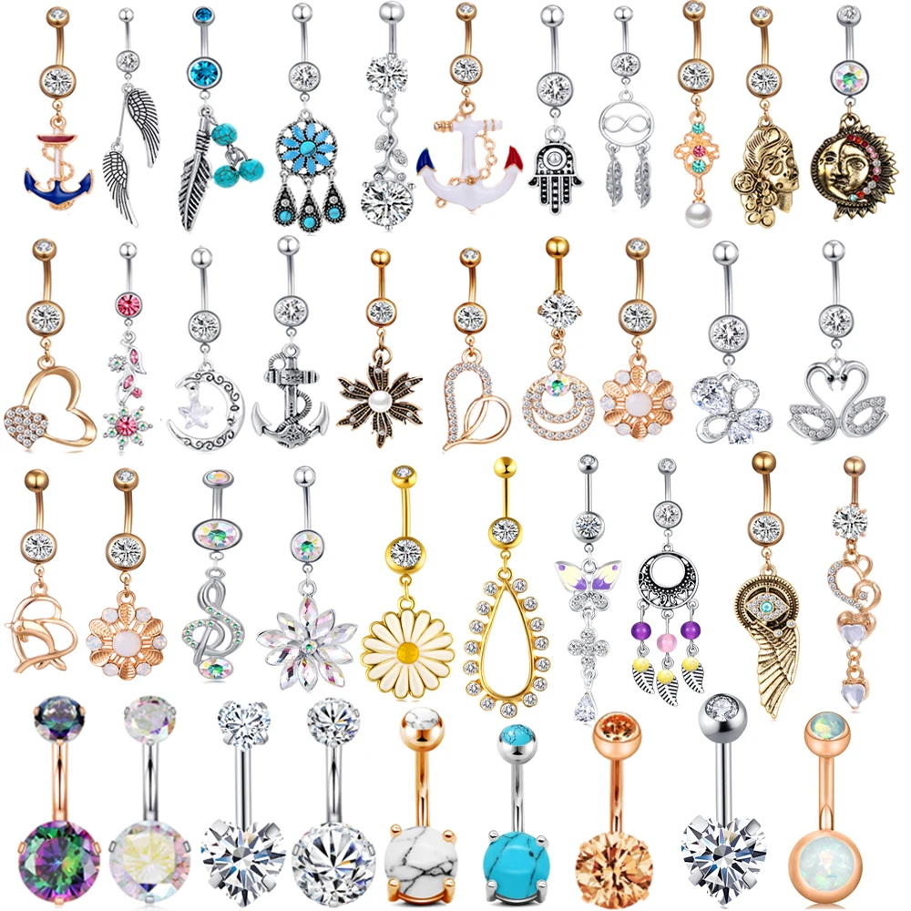 Junlowpy 1pc Sexy Dangling Navel Belly Button Rings Belly Piercing Crystal Surgical Steel 14g 