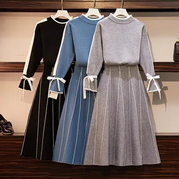 

Elegant Women Knit Set Spring Bowknot Flare Sleeve Sweater Pullover + Striped Midi Skirt Set Two Piece Set Sweater Office A283