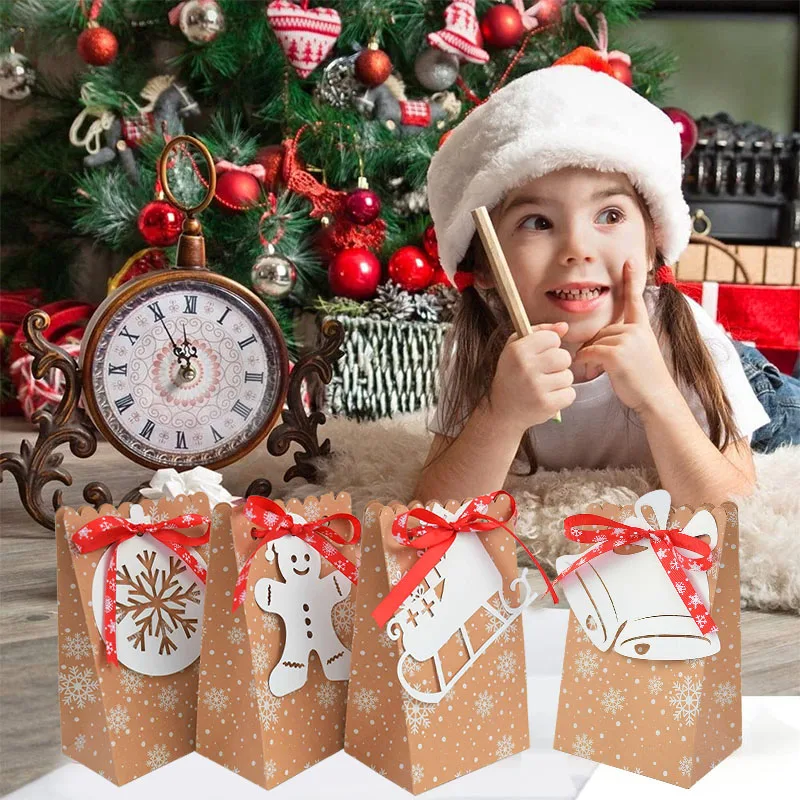 

12pcs Christmas Box Gift Kraft Candy Cookie Paper Bag Merry Christmas Packaging Gift Box Home Decoration
