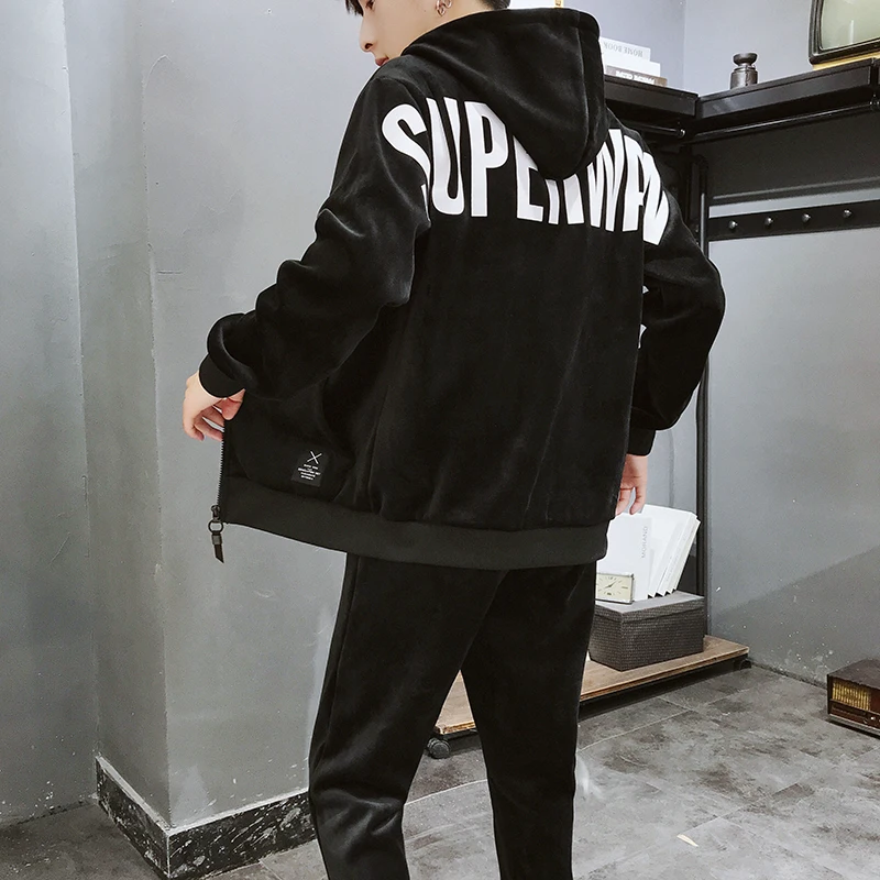 New Mens Gold Velvet Sweatshirt Loose Pants Hoodie Coat Hooded Top 2pcs Set Casual Male Clothing Autumn Winter Letters Printed A