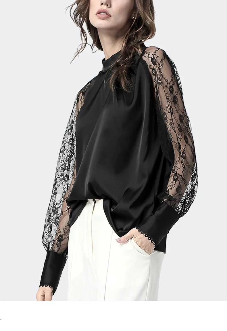 Модная кружевная Женская атласная блузка, Черная открытая блузка с длинными рукавами, блузка со стоячим воротником, элегантная свободная, большие размеры корейский стиль, осенний Топ