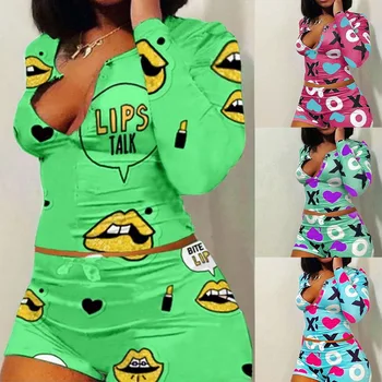 

Women's Sleepwear Sexy Cute Letter Print Short Set Pajamas for Women Pajama Set Sweet Long Sleeve Shirts & Shorts Summer Pijama