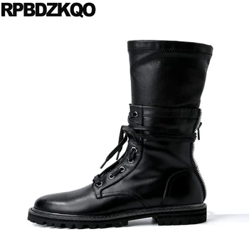 

boots mid calf combat chunky luxury brand shoes women designer military round toe european black winter block fall lace up fur