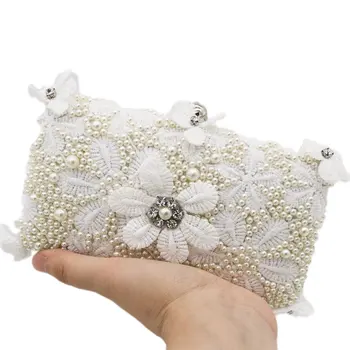 

Double Flower White Flower Women Beaded Evening Bags Synthetic Pearl Bridal Clutch Wedding Party Handbags and Purses