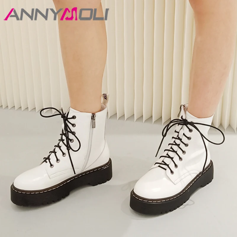 

ANNYMOLI Motorcycle Boots Women Shoes Real Leather Platform Mid Heels Ankle Boots Zip Lace Up Thick Heels Real Wool Short Boots