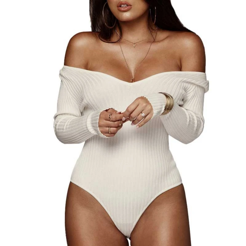 

Off Shoulder Ribbed Knitted Sexy Bodysuit Women Black V Neck Summer Rompers Womens Jumpsuit Basic Playsuit Womens Tops