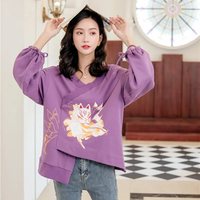 

Sweet College Style Wind Fox Day Department Women Design Feeling Lazy Wind V Leading Guard Autumn Loose 2019 Women Sweatshirt