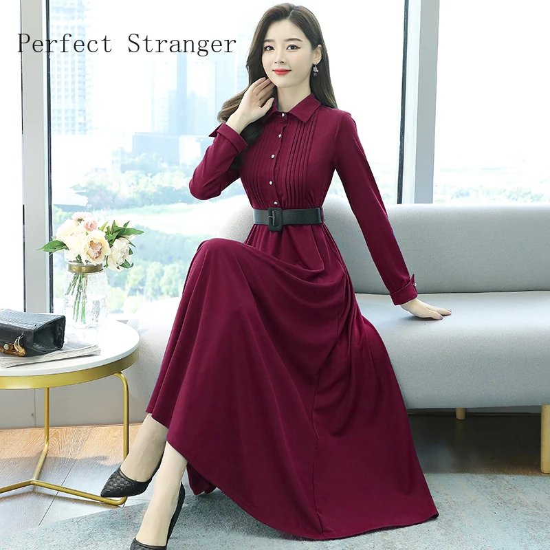 

2021 Spring Autumn New Arrival Hot Sale High Quality M-3XL Turn-down Collar Long Sleeve Women Long Chiffon Dress