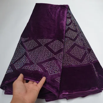 

(5yards/pc) new fashion rhinestones fixed African velvet lace fabric in purple for party dress VLP018