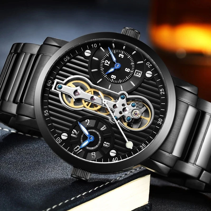Мужские автоматические часы GUANQIN механические из нержавеющей стали с двойным