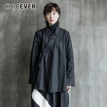 

CHICEVER Vintage Lace Up Women's Shirt V Neck Long Sleeve Loose Oversize Black Casual Blouse Female 2020 Autumn Fashion New