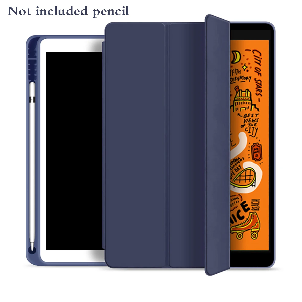 For New iPad 10.2 inch Model A2197 7th Gen Cover With Pencil Holder, Slim Tri-fold PU Leather Smart Case have wake up sleep - Цвет: Navy Blue