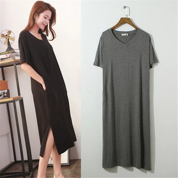 

Black nightdress sexy lady large size modal nightdress spring summer long skirt short sleeve loose fat mm dress koszula nocna
