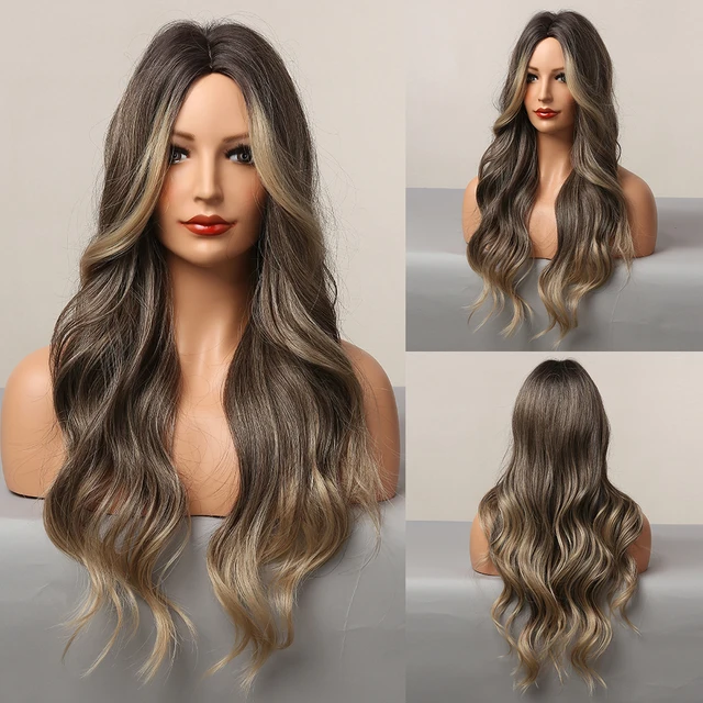 HENRY MARGU Long Black Brown Body Wave Synthetic Wigs Heat Resistant Natural Cosplay Wigs for Women Middle Part Hair Wigs LC5109-1