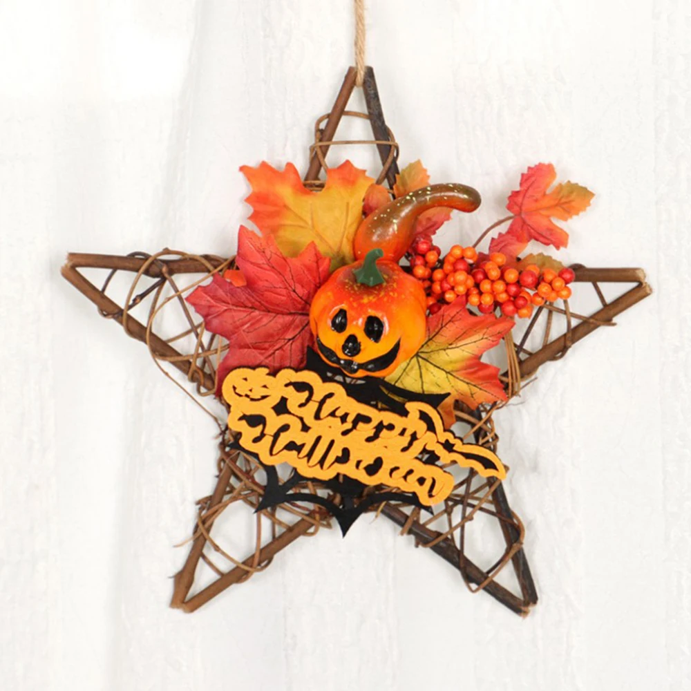 

Wood Halloween Black Pumpkin Star Shape Wall Decoration Halloween Simulation Autumn Maple Leaf Pumpkin Berry Wreath