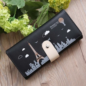 

Women's Long Purse Wallet Paris Eiffel Tower Pattern Hasp Vintage Style Handmade Bifold Female Handbag PU Leather Carteira 816