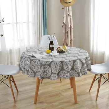 

1PC Retro Floral Table Cloth Cotton Round Tablecloth Dining Table Cover Gray Printed Oilcloth Home Decor Dust Cover For Kitchen