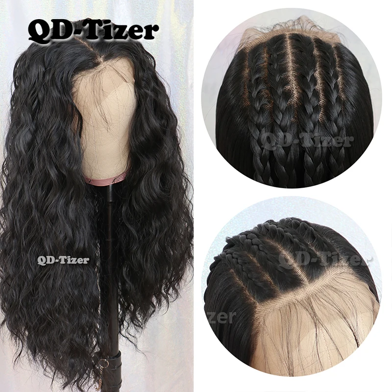 QD-Tizer 13*6 кружевные передние парики Длинные свободные кудрявые волосы черный цвет синтетические кружевные передние парики для женщин с детскими волосами