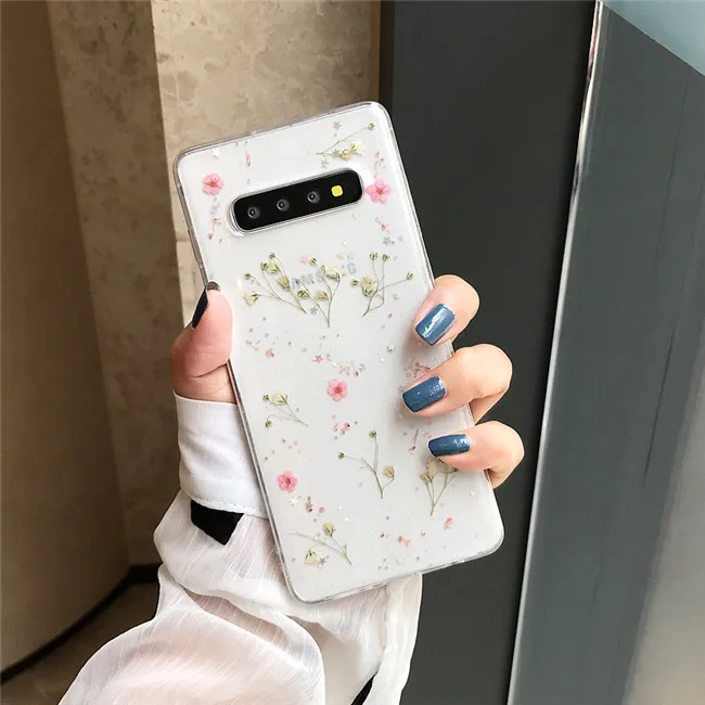 PINK DCHZIUAN настоящая трава цветок чехол для телефона samsung Galaxy S9 Plus S10 Plus S10 S9 модный прозрачный мягкий силиконовый чехол - Цвет: PINK