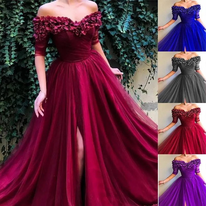 

Elegante Partij Sexy Vintage Vrouwen Lange Jurken Off Shoulder Split Vrouwelijke Ruches Maxi Rode Jurk