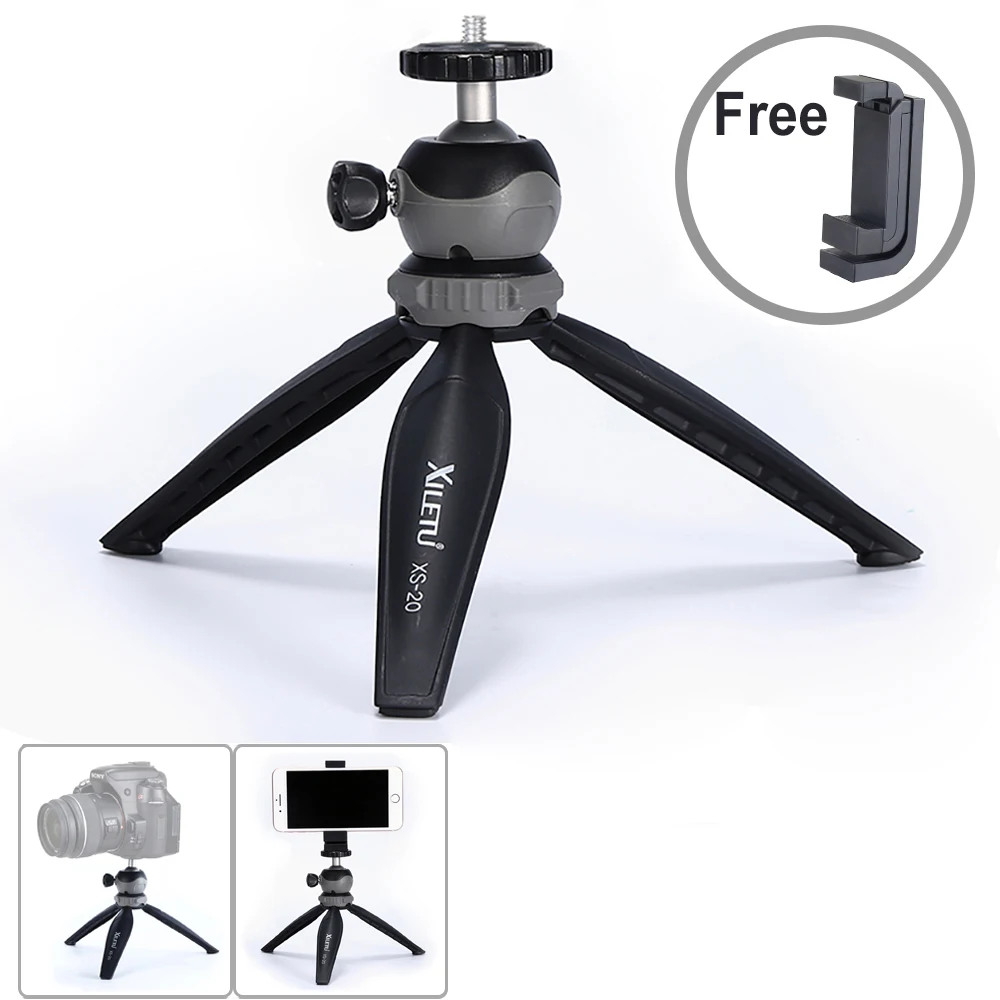  XILETU XS-20 Mini Tabletop Tripod Desktop Phone Holder Stand with Clip and Ball Head for Cell Phone