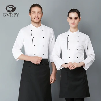 

Solid Color Double Breasted Chef Uniform High Quality Coffee Shop Bakery Barber Shop Waiter Shirt Unisex Long Sleeve Overalls