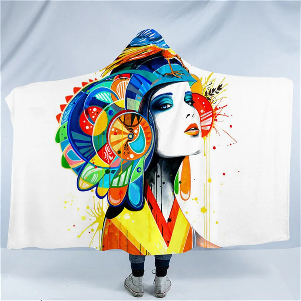 Aztec Одеяло с капюшоном Rainbow Fire by Pixie Cold Art, очаровательное одеяло с капюшоном для взрослых, шерпа, флисовое, пригодное для носки, акварельное одеяло, 150x200 см - Цвет: Aztec