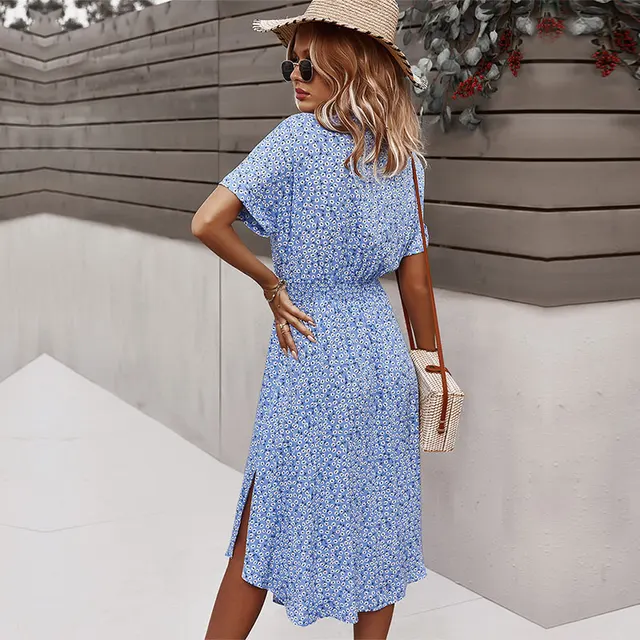 2021 Spring New Bandage Dress Women Casual Short Sleeve Button Floral Print Dress For Woman Summer Holiday Style Dress 2
