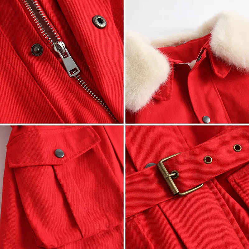 

2019 Winter New Style Korean-style Mid-length Waist Hugging Fur Collar Workwear Brushed And Thick Red Cotton Coat Female Jeans C