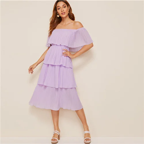 SHEIN Стильное Платье Со Складками И Открытыми Плечами Женские Летние Длинные Платья Без Рукавов - Цвет: Фиолетовый