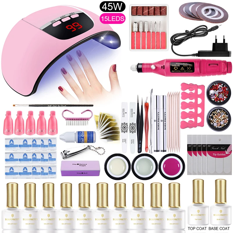 Set 4 От BORN PRETTY-гель для ногтей комплект УФ светодиодный светильник Сушилка с 10/12 шт инструментов для ногтей гель для ногтей маникюр набор инструментов Фрезер для ногтей, сверлильный станок набор инструментов для ногтей - Цвет: Set 4