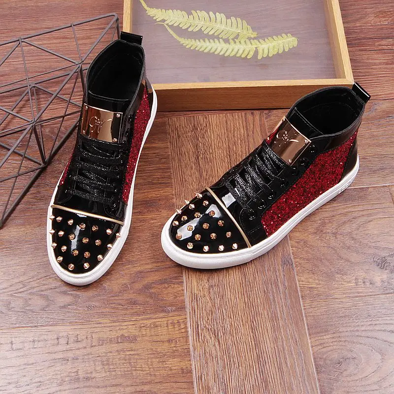 Fashion men sequins rivet Sheet metal Casual Platform high top shoes Flats Male Designer prom Dress Loafers Shoes zapatos hombre