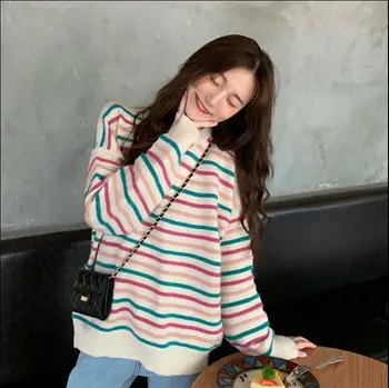 

2020 Autumn New Arrival Colorful Stripes Round Neck Sweater Wind Loose Mid Length Long Sleeve Sweater Women Free Shipping