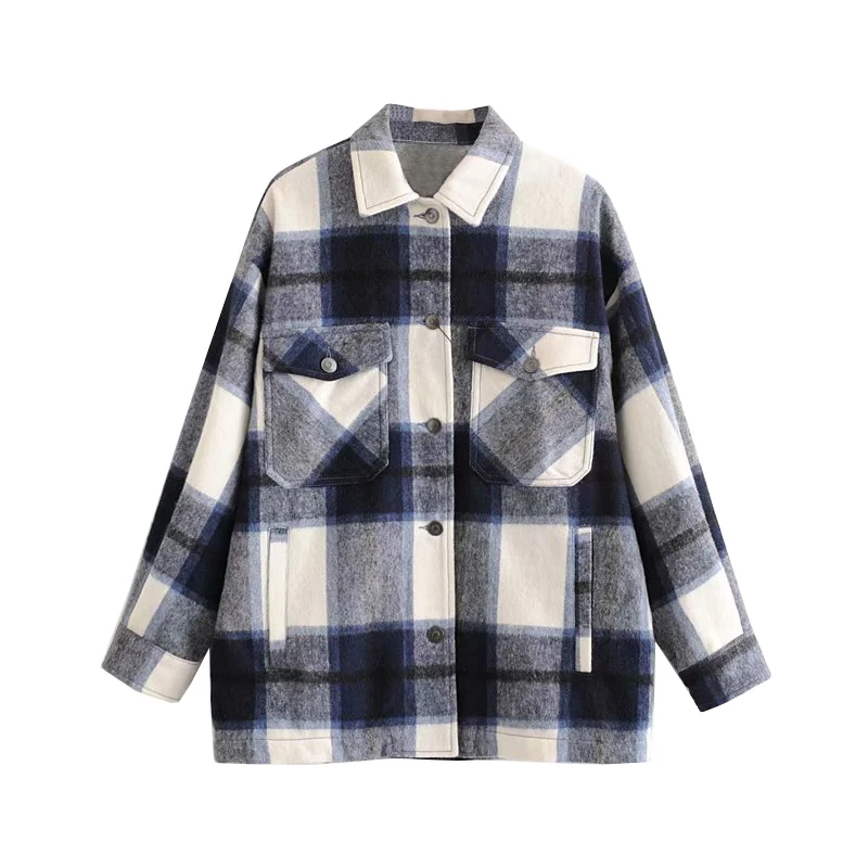 Best  TRAF Women Vintage Stylish Oversized Plaid Jacket Coat Fashion Lapel Collar Long Sleeve Pockets Loo