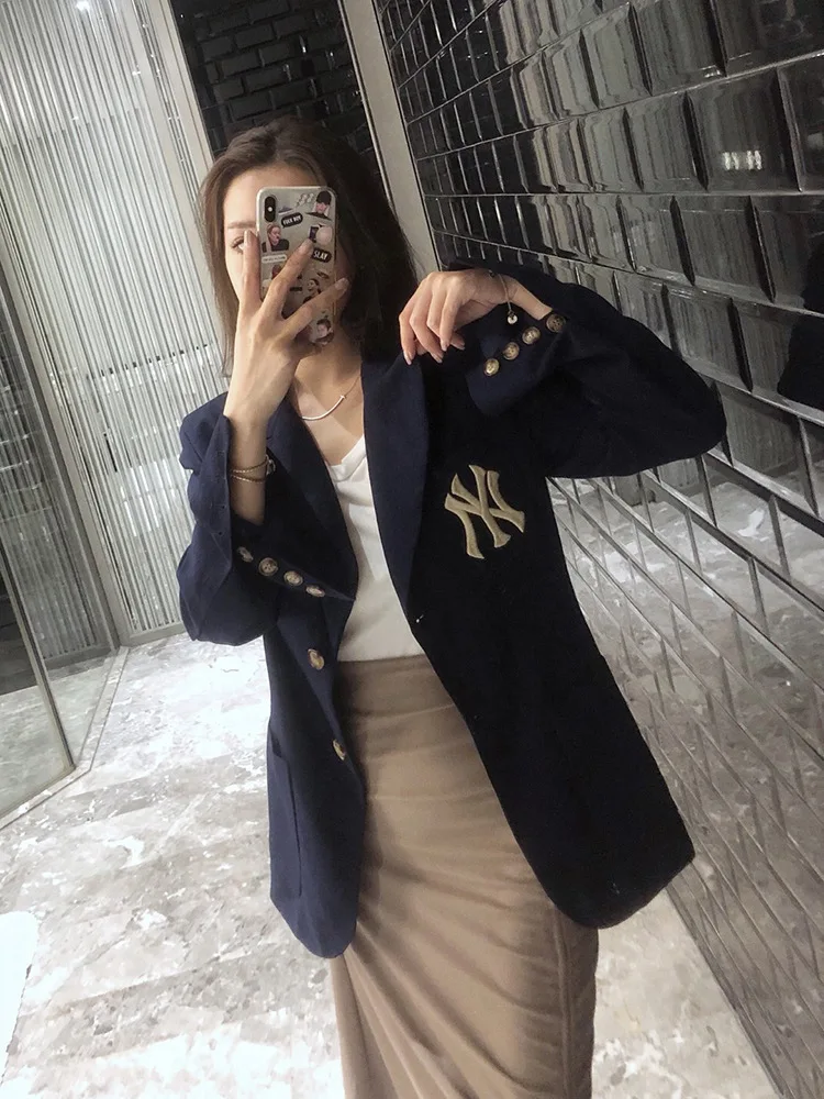 Blog 2020 The Same Dark Blue Embroidered Waist That Accentuates The Skinny In The Blazer Notched Clothes Women Jackets and Coats