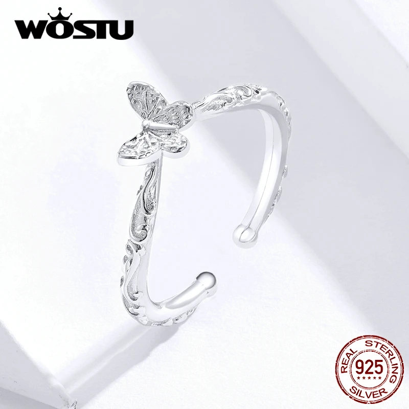 WOSTU, Новое поступление, 925 пробы, серебряная бабочка, открытые Регулируемые кольца, обручальное кольцо на палец для женщин, модное ювелирное изделие CQR634