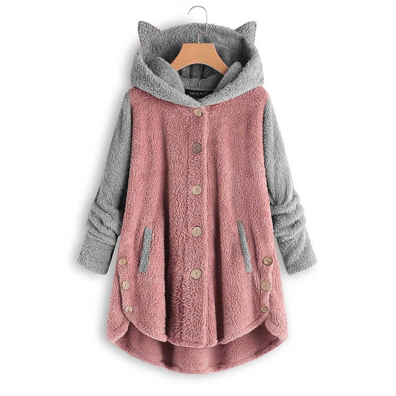 Chaqueta polar con capucha para mujer niña, Abrigo largo con orejas de gato, y esponjoso, holgado, con bolsillos, moda otoño e invierno, 2021|chaquetas básicas| -