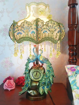 

A Pair Of Resin Peacocks Sculpture Standing On A Clock With Green Gems Table Lamp For Bedroom Bedside Light Luminaire Home Decor