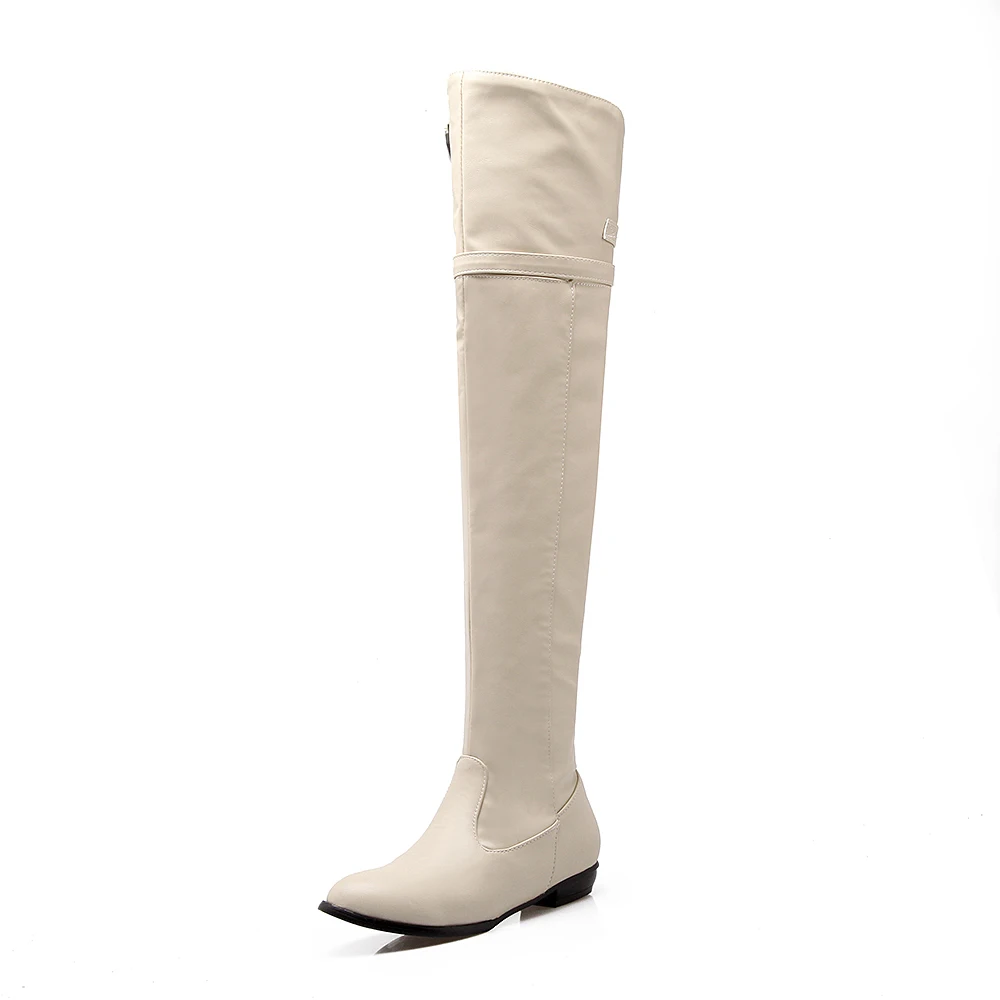 Новые модные зимние женские сапоги выше колена пикантная женская кожаная обувь с ремешком и пряжкой женские высокие сапоги с круглым носком, большие размеры 34-48 - Цвет: Beige