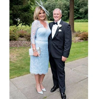 

Light Sky Blue Lace Plus Size Mother of the Bride Dress 3/4 Long Sleeve Short Tea Length Evening Prom Wedding Party Gowns