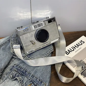 

Camera Shape Shoulder Bag Women Box Shape Crossbody Bag Wide Shoulder Belt Fashion Handbag For Ladies Black and Laser Color