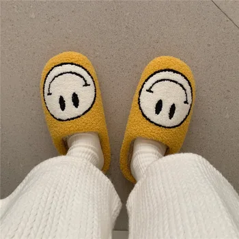 Women Fluffy Fur Slippers Big Smile Floor Slipper Short Plush Fleece Flat For Couple Shoes Black Lady Indoor Slippers 6