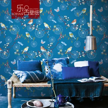 

American-Style Blue Yellow Pastoral Style Flowers and Birds Wallpaper Pure Paper Chinese Style Bedroom Living Room Television Ba