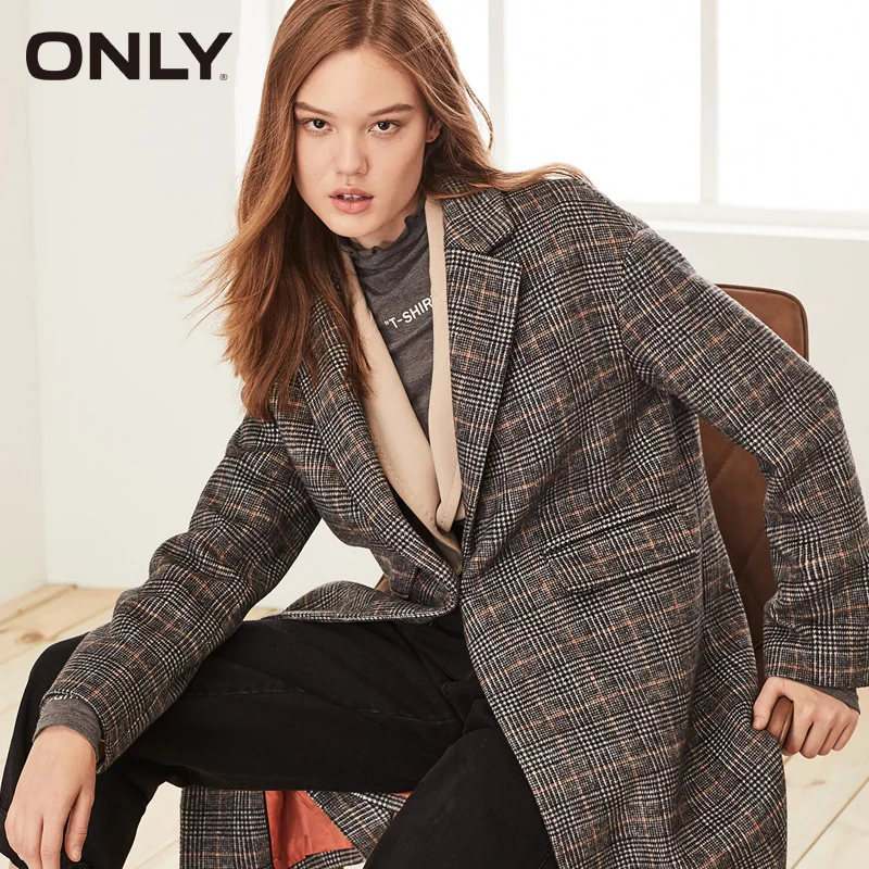 Только Женское шерстяное пальто в британском стиле свободного кроя клетку из