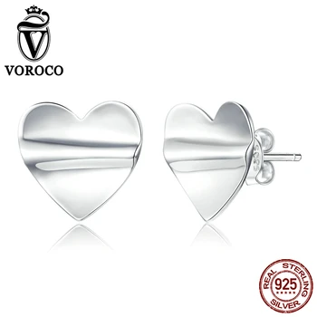 

VOROCO 100% 925 Sterling Silver Jewelry silver Fold Hearts Stud Earrings for Women Girls Gift Statement Jewelry earring BKE936