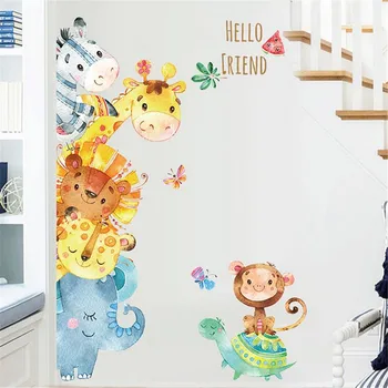 

wall stickers for kids room Cartoon Hand-painted Animal Stickers Children Wallpaper Jungle Forest Theme removable pvc wall decal
