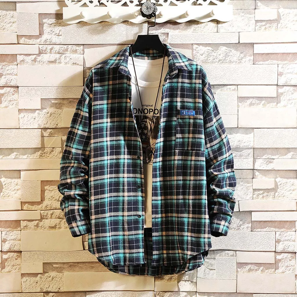 KANCOOLD Shirt regular Men's turn-down collar Autumn Fashion Loose Casual Daily Plaid Long Sleeve Shirt Top Blouse Nov8