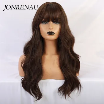 JONRENAU Long Brown Color Synthetic Natural Wave Wigs with Neat Bangs for White/Black Women Party Wear 5