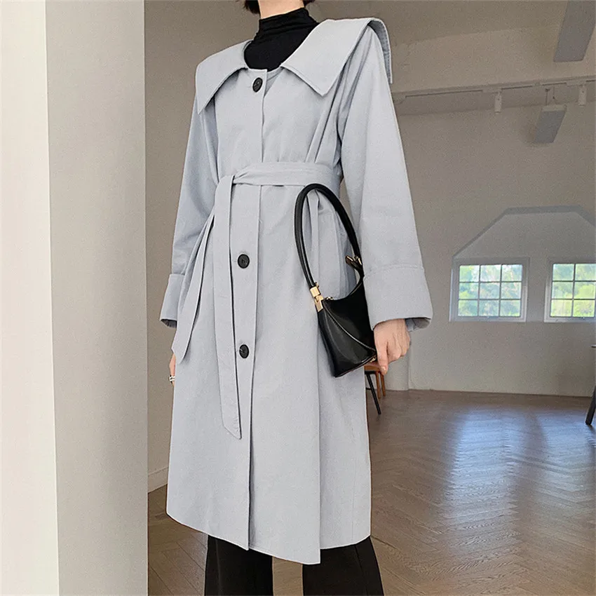 grey blue Корейская мода, весеннее пальто размера плюс, Женский крутой длинный Тренч, пальто, высокое качество, повседневная верхняя одежда, Manteau Femme Hiver - Цвет: grey blue